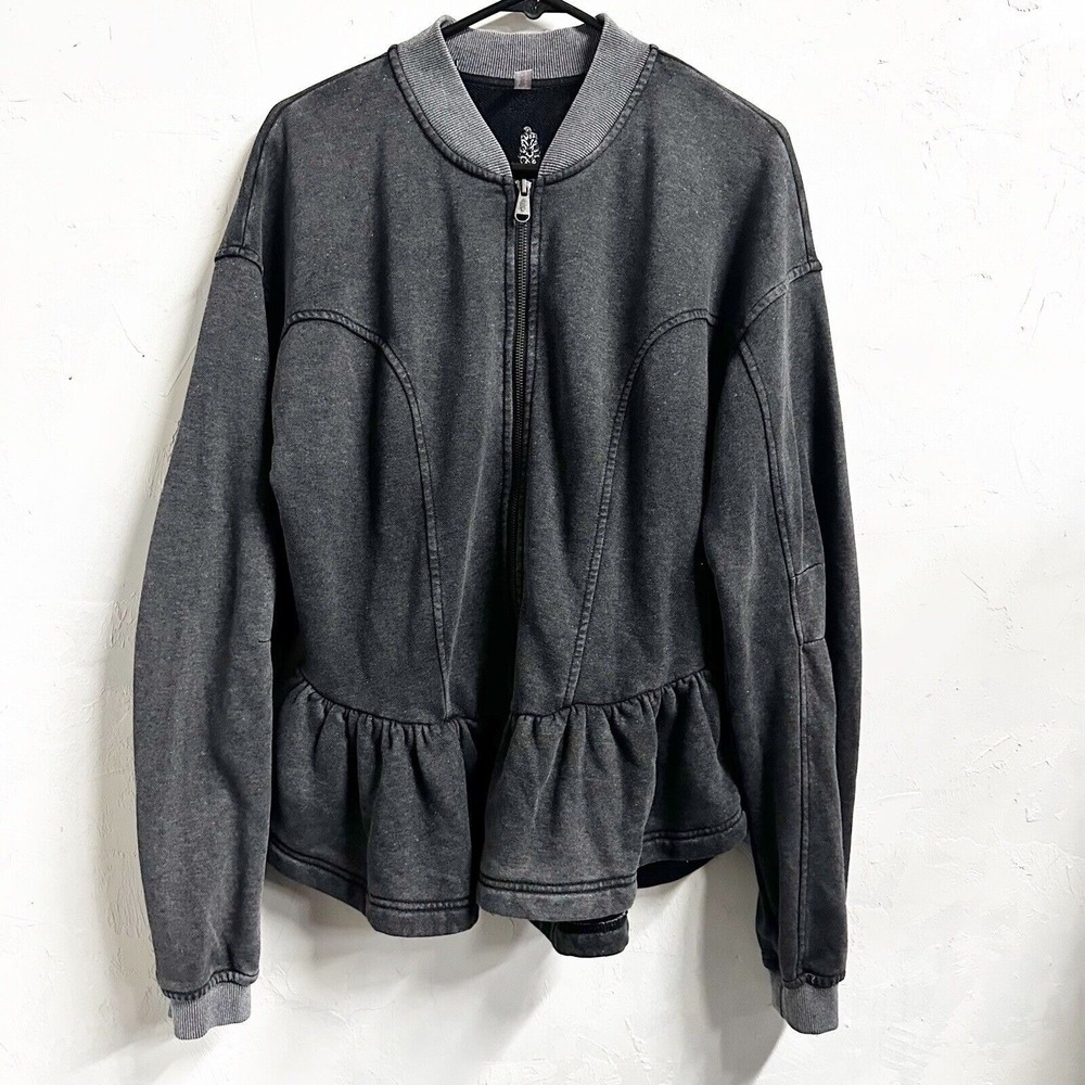 Free People Movement A Game Zip Up Peplum Jacket Gray Womens Small